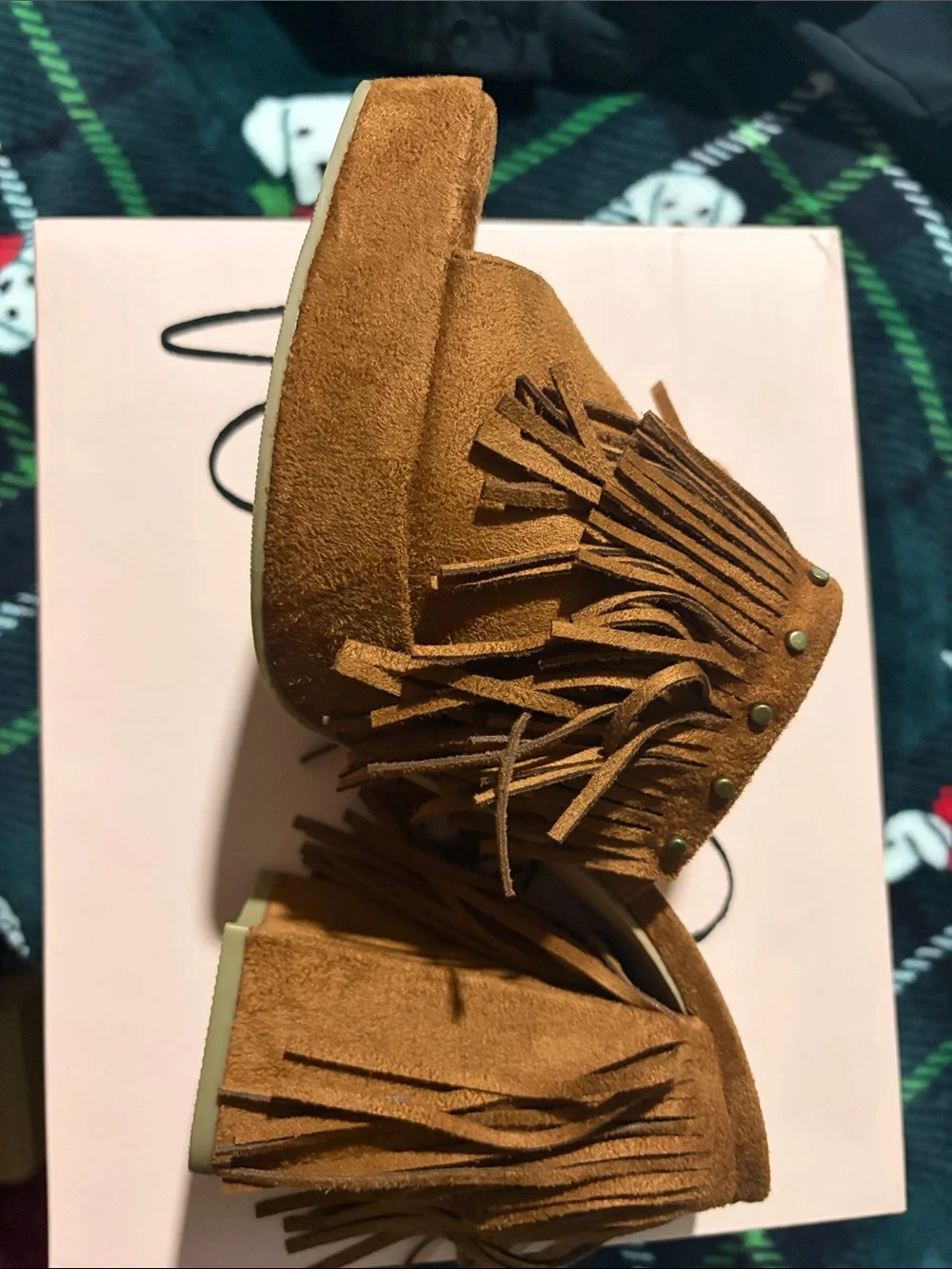 Wild Pair Fringe Platform Mule Heels in Rust Brown